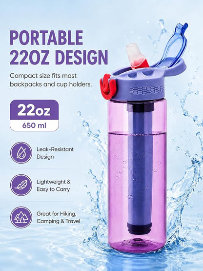 22oz Water Filter Bottle, Portable Outdoor Filtered Water Bottle with Multi-Layer Filtration, Improves Taste & Reduces Odor, BPA-Free Reusable Bottle for Hiking, Camping & Travel (Purple)