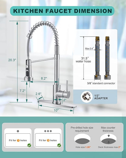 Kitchen Faucets with Pull Down Sprayer: Brushed Nickel 3-Function Kitchen Sink Faucets for 1 or 3 Hole - Stainless Steel Single Handle Spring Kitchen Faucets with Deck Plate for Farmhouse RV Laundry