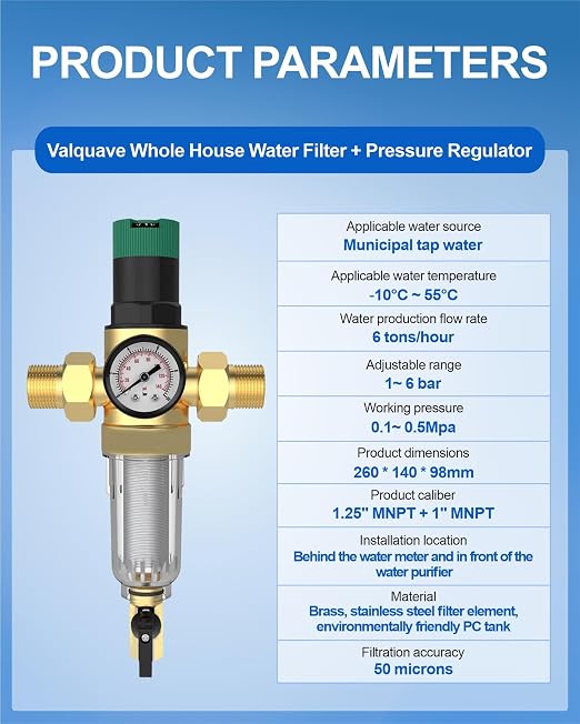 Water Pressure Regulator, with Spin Down Sediment Filter & Gauge for Home, 50 Micron, 1.25" MNPT + 1" FNPT + 1" MNPT, Heavy Duty Brass