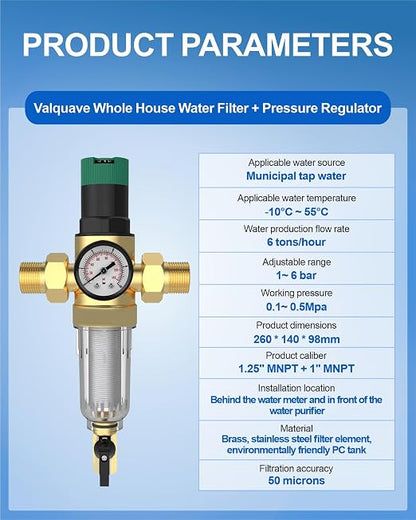Water Pressure Regulator, with Spin Down Sediment Filter & Gauge for Home, 50 Micron, 1.25" MNPT + 1" FNPT + 1" MNPT, Heavy Duty Brass