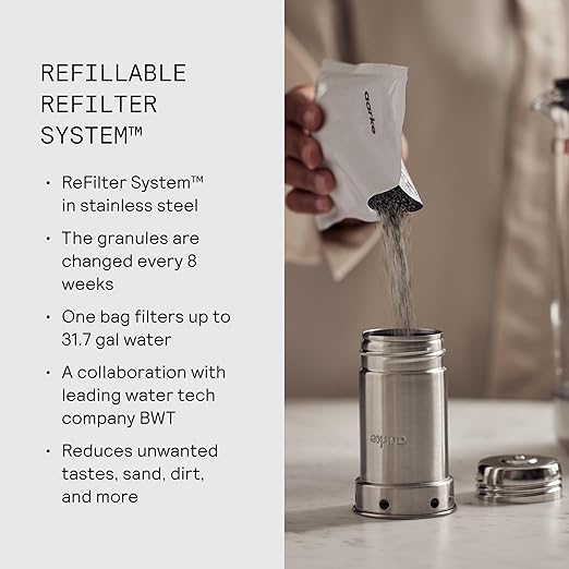 Aarke Purifier - Premium Glass and Stainless Steel Water Filter Pitcher, Refillable Filter System and Granules, 2.4L Pitcher with 1.18L Filtration Capacity