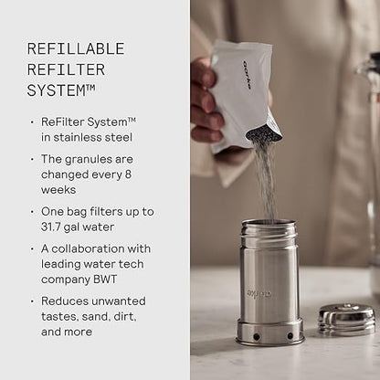 Aarke Purifier Large Glass Pitcher Bundle w/Steel Filter, BPA-Free, 4 Pure Refill Granules - Filters Heavy Metals, 2.8L Pitcher with 1.66L Filtration Capacity