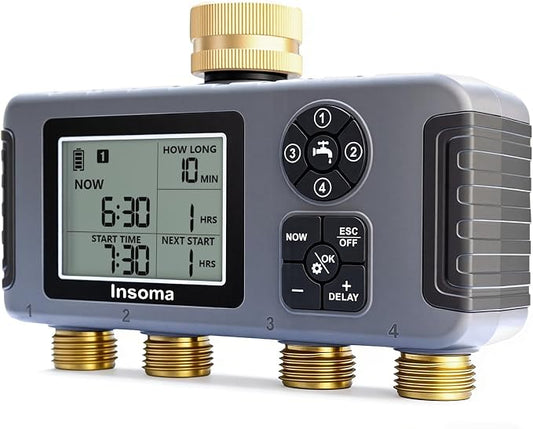 Insoma Water Timer 4 Zones with Brass Inlet & Outlet, Automatic Garden Hose Timer with Manual/Rain Delay & Large Display, IPX5 Waterproof Faucet Timers for Sprinkler System, Yard, Lawn, Greenhouse