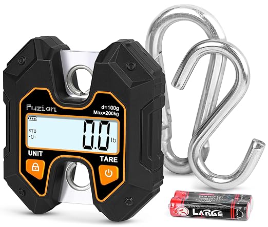 Fuzion Hanging Scale 440lb/200kg, Mini Crane Scale w/Stainless Steel Hook | No Setup Required, Hold/Tare Function, Large Display, Digital Hanging Scales for Weighing Animals, Hays, Fish, Travel Luggage