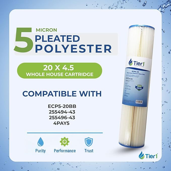 Tier1 5 Micron 20x4.5 Water Filter | Pleated Polyester Whole House Sediment Cartridge | Replacement for Pentek ECP5-20BB, 255494-43, 4PAY5 | Fine Sediment Control | 4.5 x 20 Water Filter (6-Pack)
