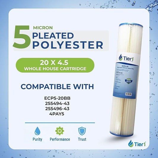 Tier1 5 Micron 20x4.5 Water Filter | Pleated Polyester Whole House Sediment Cartridge | Replacement for Pentek ECP5-20BB, 255494-43, 4PAY5 | Fine Sediment Control | 4.5 x 20 Water Filter (6-Pack)