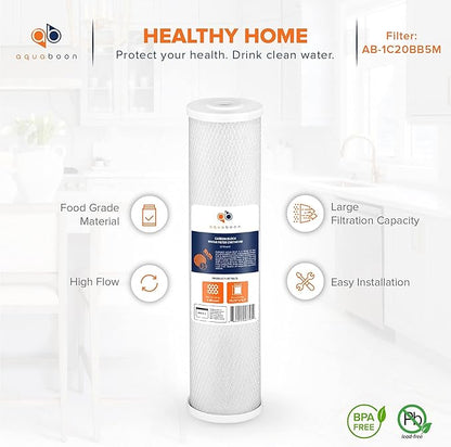 Aquaboon 4,5 x 20 inch Carbon Filter Cartridge - 5 Micron Coconut Shell CTO Big Blue Filter - Whole House Well Water Filtration - Matches DB20P, CTO20BB, Pentek FLOPLUS-20BB, 155312-43 (2 Pack)