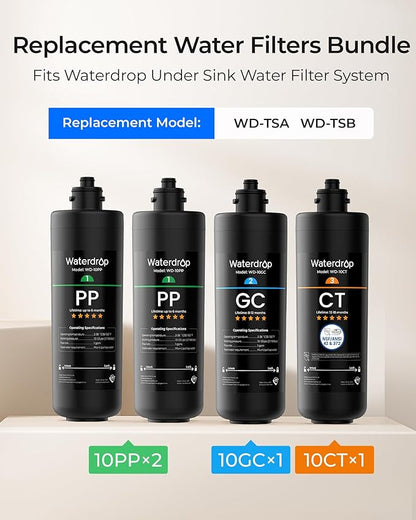 Waterdrop TSA 3-Stage Replacement Water Filter, 1-Year Replacement Pack, 4-Pack (2 x 10PP, 1 x 10GC, 1 x 10CT), Replacement for Waterdrop TSA & TSB 3-Stage Under Sink Water Filtration System