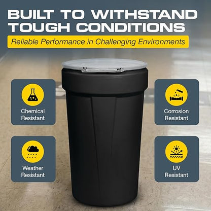 Eagle Plastic Drum, 55 Gallon Drum, DOT Compliant, Made in USA, Black | High-Density-Polyethylene, Open Head Lab Pack Drum, Metal Lever-Lock with Bung Lid, Hazardous Material Storage, Transport