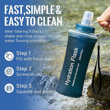 700ML Collapsible Water Bottle with Filter for Hiking, Camping & Travel - TPU Soft Flask, 0.1 Micrometer Hollow Fiber Membrane for Clearer, Better Tasting Outdoor Water(Hunter Green)