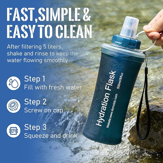 500ML Collapsible Water Bottle with Filter for Hiking, Camping & Travel - TPU Soft Flask, 0.1 Micrometer Hollow Fiber Membrane for Clearer, Better Tasting Outdoor Water(Hunter Green)
