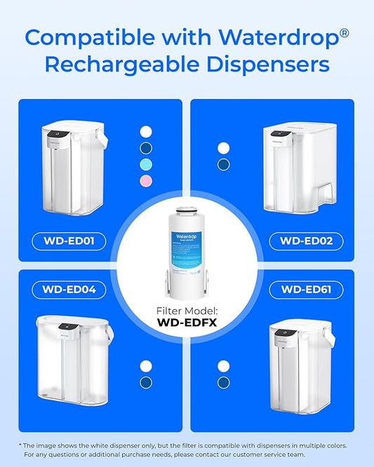 Waterdrop EDFX Water Filter Replacement for Waterdrop ED61 Rechargeable Water Filter Dispenser, 200-Gallon Long-Life, 10X Filtration Efficiency, Reduce 98% Chlorine and 20+ Contaminants, 1 Pack
