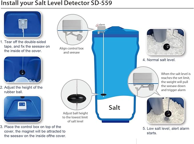 Savant Salt Level Detector for Water Softener, Real-time Monitor, Easy Installation, No Tool Needed, Low Salt Level Alarm, for Tank, Pool, and Other Home Appliances, SD-559