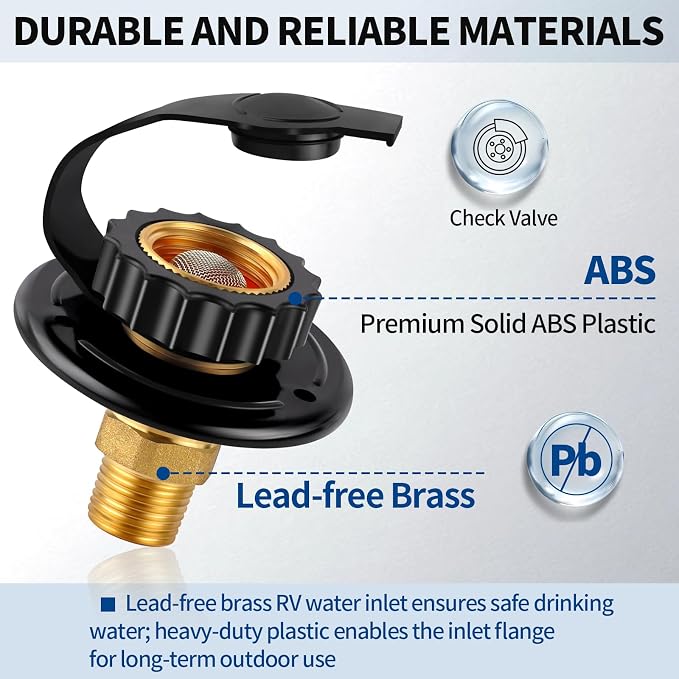 RV City Water Fill Inlet Flange Check Valve Water Hookup Connector 3/4 NH Female to 1/2 NPT Male Mount Lead-Free Brass Flush RV Water Backflow Preventer with Dust Plug for RV Camper Motorhome