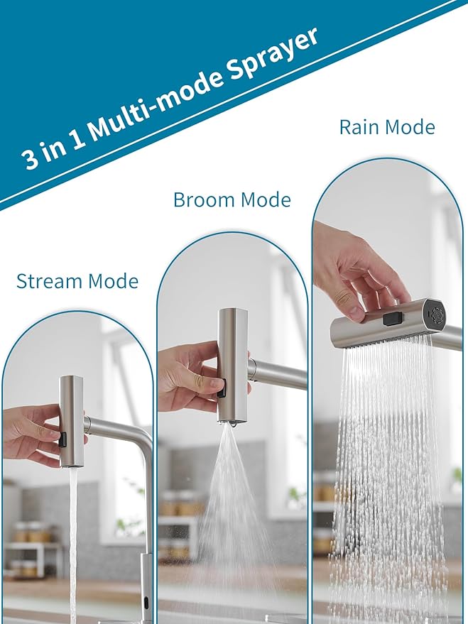 Touchless Kitchen Faucets with Pull Down Sprayer,Waterfall Kitchen Sink Faucet,Commercial Utility Stainless Steel Kitchen Faucets,Single Handle Kitchen Sink Faucet for 3 Function,Brushed