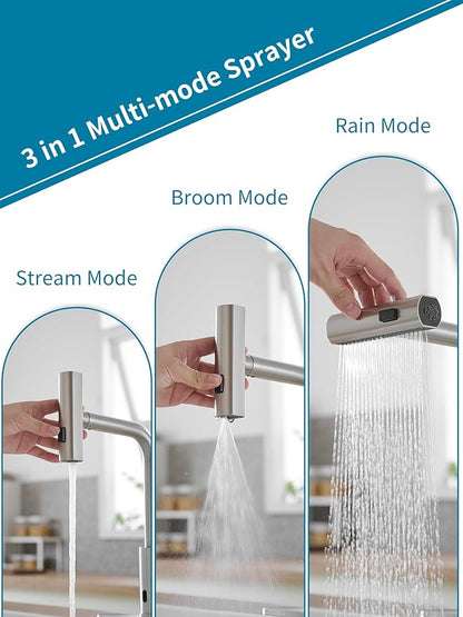 Touchless Kitchen Faucets with Pull Down Sprayer,Waterfall Kitchen Sink Faucet,Commercial Utility Stainless Steel Kitchen Faucets,Single Handle Kitchen Sink Faucet for 3 Function,Brushed