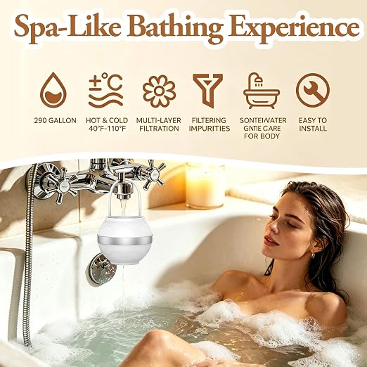 Bath Filter for Tub, 10-Stage Water Filtration System – Softens Hard Water, Removes Chlorine & Contaminants, Universal Fit for Any Bathtub Faucet, BPA Free, Portable for Travel & Home