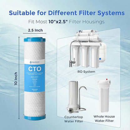 1 Micron 10" x 2.5" Whole House CTO Carbon Sediment Water Filter Cartridge, Compatible with DuPont WFPFC8002, GE FXWTC, Culligan D-10A, Pentek CBC-10 & More, 6-Pack