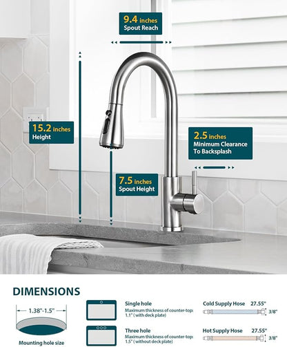 Hiqufet Kitchen Faucet with Pull Down Sprayer, Single Handle High Arc Kitchen Sink Faucet, Lead-Free Stainless Steel Modern Rv Bar Sink Faucets (Brushed Nickel)