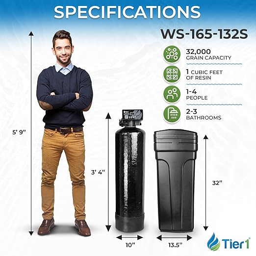 Tier1 Whole House Water Softener System 32000 Grain Capacity | Compact High Efficiency Design with Ceramic Control Valve | Preloaded 1 Cubic Foot Resin Tank | Home Filtration System for 3 to 4 Baths