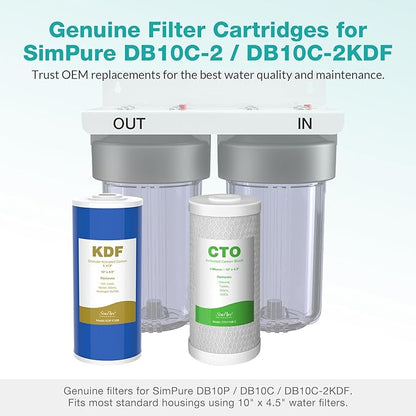 SimPure Whole House Water Filter Cartridges 5 Micron 10" x 4.5" CTO+GAC/KDF 2-Stage Carbon and Heavy Metal Filter Set, for DB10C-2KDF, DB10P, WGB21B-KS, FC15B, FG15B-KS, 1 Set