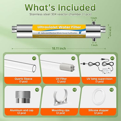 Whole House UV Water Filter System,55W 1" MNPT Inlet/Outlet Water Purifier Filter System for Whole House Water Purification,120V 12GPM High Flow, +1 Extra Bulb