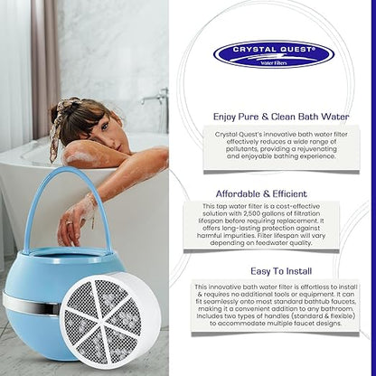 Crystal Quest Bath Ball Filter for Tub Faucet, Bathtub Water Filter, BPA-Free Bathtub Filter, Removes Chlorine, Lead & Impurities, Improves Skin, Hair & Nails, with Extra Cartridge - Blue