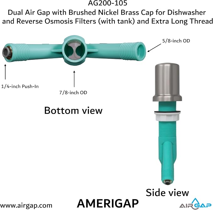 Dual Air Gap with Brushed Nickel Brass Cap for Dishwasher and Reverse Osmosis Filters (with tank) and Extra Long Thread (AG200-105, AG200-X05, AMERIGAP)