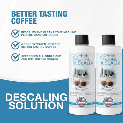 Descaling Solution for Coffee & Espresso Machines - 2 Bottle Pack (4 Uses) - Universally Compatible Descaler Cleaner for Keurig, Breville, Nespresso, Delonghi & All Single Use or Drip Machines