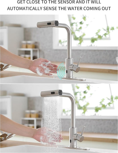 Touchless Kitchen Faucets with Pull Down Sprayer,Waterfall Kitchen Sink Faucet,Commercial Utility Stainless Steel Kitchen Faucets,Single Handle Kitchen Sink Faucet for 3 Function,Brushed