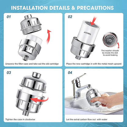 ADOVEL Universal Shower Filter Replacement Cartridge, 15 stage, High Output, With Effective KDF, Vitamin C, Removing Chlorine, Heavy Metals, Sulfur Odor, Pack of 2