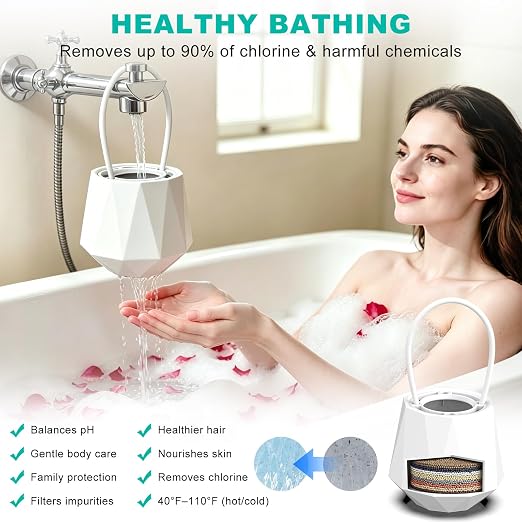 Bath Filter for Tub, Bathtub Water Filter 8-Stage, Bath Water Filter with 2 Pack Filters, Removes 90%+ Chlorine & Impurities, BPA Free, 2.5 GPM High Flow, 77°F-158°F for Skin & Hair Care