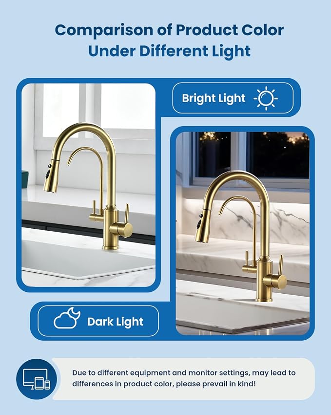 DAYONE Gold Kitchen Faucet with Drinking Purfied Water Faucet, High Arc 3 in 1 Sink Tap Stainless Steel 1 Holes, Two-Handle 3-Way Pull Down Sprayer, (Without System)