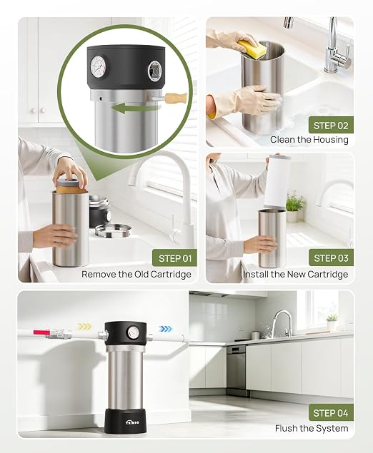 Whole House Water Filter, Stainless Steel Housing Home Pre-Filtration with Pressure Gauge for Well or City Water, 1" or 3/4" NPT Port, 1 Filter