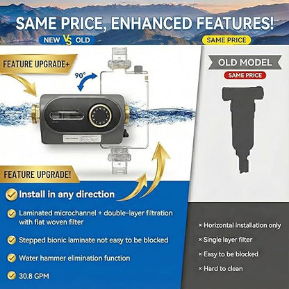 Whole House Reusable Spin Down Sediment Water Filter 40 Micron, Flushable Brass Pre-Filter for Well & City Water, Water Hammer Protection, Easy Horizontal/Vertical Install, 1" MNPT + 3/4" FNPT