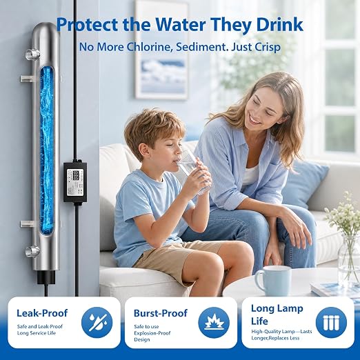 UV Water Filter System Whole House, 55W Home Water Filteration System with Smart Flow Sensor Switch & Digital Ballast with Display, 12 GPM, 3/4” MNPT Filter System for Well & City Water + 1 Extra Lamp