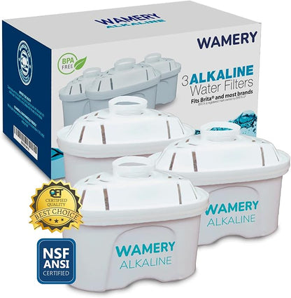 Wamery Alkaline Pitcher Water Filter Replacement - Model 1001122, 3 Pack, Multi‑Stage Gravity Cartridges, Improves pH & Taste, Activated Carbon + Mineral Layer, 42‑Gallon Each, Leak‑Free Fit, BPA‑Free