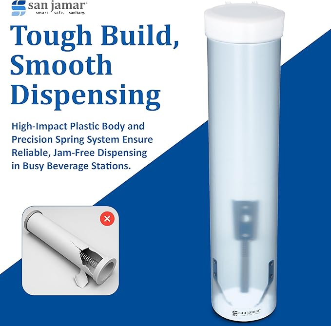 San Jamar Medium Pull-Type Cup Dispenser 4-10 Oz. Cups with Flip Cap for Restaurants, Home, And Office, Plastic, 16 Inches, Frosted Blue