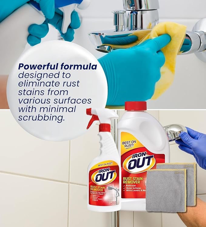 Iron Out Rust Remover Spray 16 oz + 28 oz Powder Bundle with Microfiber Cloth - Rust Stain Remover - Hard Water Toilet Stain Cleaner - Dissolves Rust on Tubs, Sinks, and Showers - (4 Items)