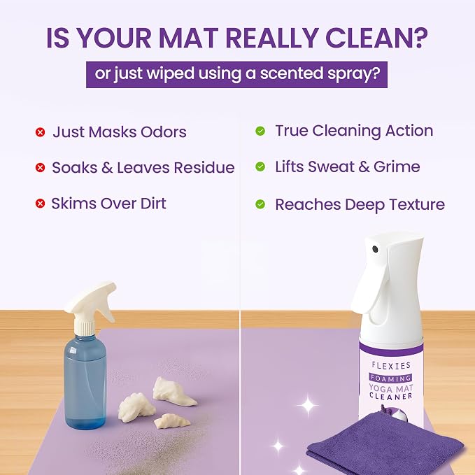 Flexies Foaming Yoga Mat Cleaner Spray Kit, Plant Based Non Toxic Mat Cleaner with Brush and Microfiber Cloth, Yoga Essentials for Women and Men, Pilates Mat Care, Lavender