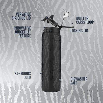 Ello Pop & Fill 22oz Stainless Steel Water Bottle with QuickFill Technology, Double Walled and Vacuum Insulated, Leak Proof Locking Lid, Straw and Chug, Fits Cupholder, Reusable BPA Free, Black Zebra