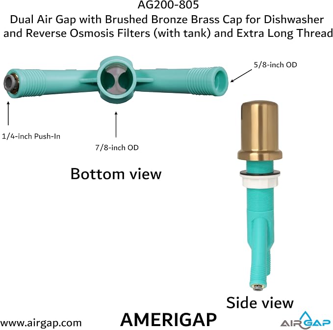Dual Air Gap with Brushed Bronze Brass Cap for Dishwasher and Reverse Osmosis Filters (with tank) and Extra Long Thread (AG200-805, AG200-X05, AMERIGAP)