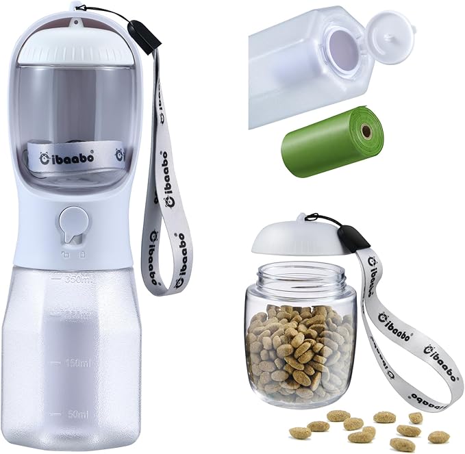 Cibaabo Dog Water Bottle with Food Container & Poop Bag Holder & Filter | Travel Water Bowl, Portable Pet Dispenser, Dog Gifts, Puppy Essentials for Walking Hiking