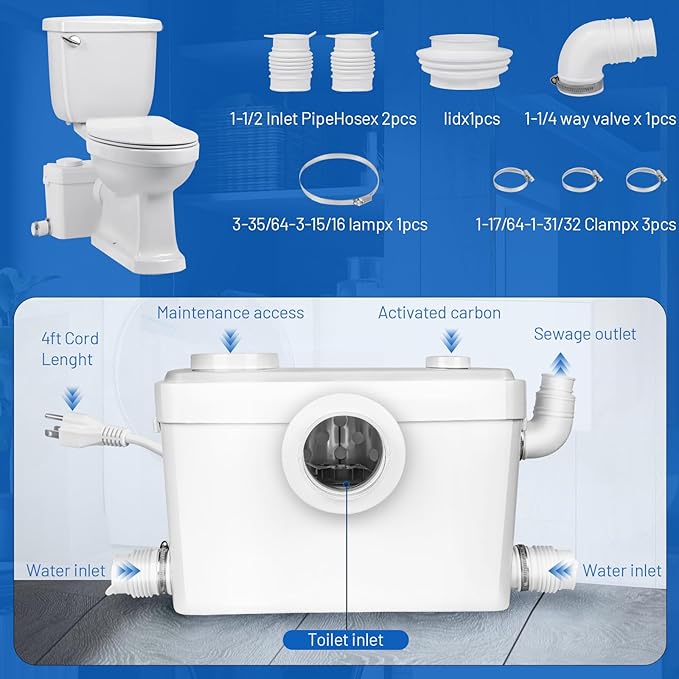 750watt Macerating Toilet with Pump, Two-Piece Upflush Toilet For Basement, Powerful & Quiet Macerating System With 3 Water Inlet & Ac Vent, 36ft Vertically, Elongated Bowl
