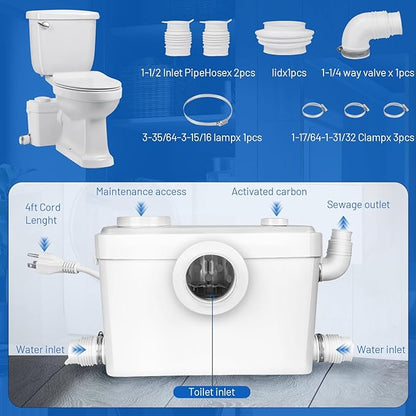 750watt Macerating Toilet with Pump, Two-Piece Upflush Toilet For Basement, Powerful & Quiet Macerating System With 3 Water Inlet & Ac Vent, 36ft Vertically, Elongated Bowl