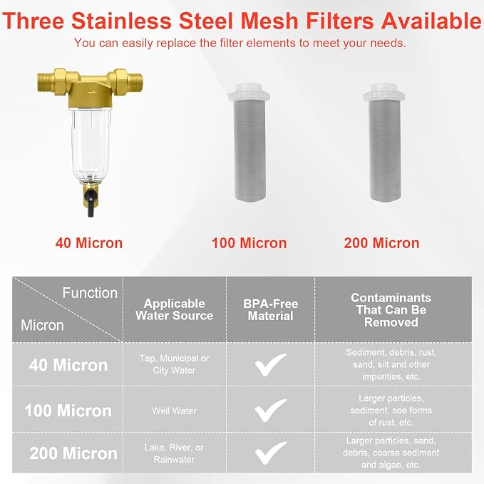 Spin Down Sediment Filter, 40/100/200 Micron Inline Water Filter | For Well Water, Whole House Prefilter Filtration System, Lead-Free Brass, 1" MNPT 3/4" FNPT 3/4" MNPT