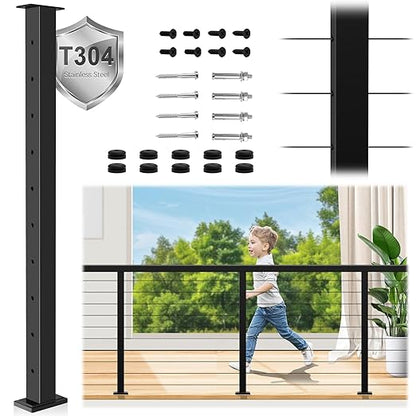 36" T304 Cable Railing Post(Post 35"x2"x2"), Level Drilled Railing Post with Cable Grommets, Modular Fixed Top Mount Cable Handrail Post, Stainless Steel Black Finish Indoor Outdoor Deck Post