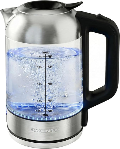 OVENTE Electric Kettle, 1.8L Glass Tea Kettle & Stainless Steel BPA-Free Cordless Electric Kettle, 1500W Fast Boil Electric Pot with Easy-Fill Lid, Auto Shut-Off & Boil Dry Protection, Silver KG751S