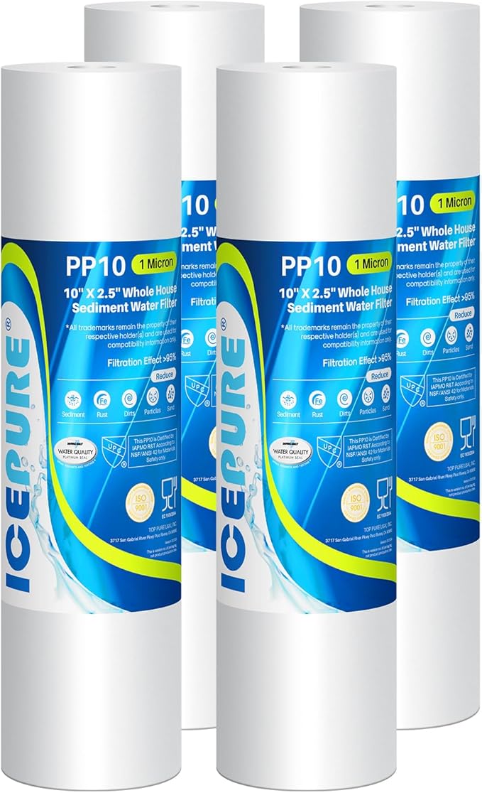 ICEPURE 10"X2.5" 1 Microns Whole House Sediment RO System Water Filter Replacement for Any 10 inch RO Unit, Dupont WFPFC5002, Aqua Pure AP110, Culligan P5, GE FXUSC, Whirpool WHKF-GD05, PP10-05, 4PACK