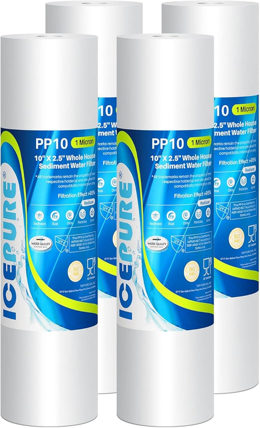 ICEPURE 10"X2.5" 1 Microns Whole House Sediment RO System Water Filter Replacement for Any 10 inch RO Unit, Dupont WFPFC5002, Aqua Pure AP110, Culligan P5, GE FXUSC, Whirpool WHKF-GD05, PP10-05, 4PACK